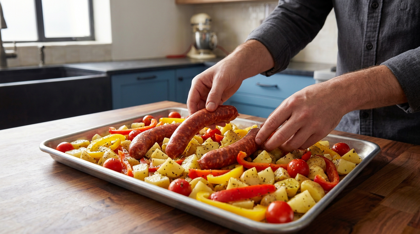 Recipe section image for Kleurrijke traybake met merguez en geroosterde paprika