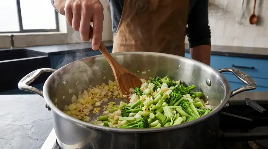 Recipe section image for Romige broccolisoep met geroosterd amandelschaafsel