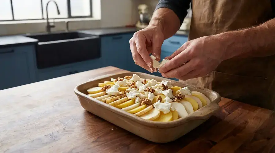 Recipe section image for Ovenschotel met pastinaak, peer en geitenkaas