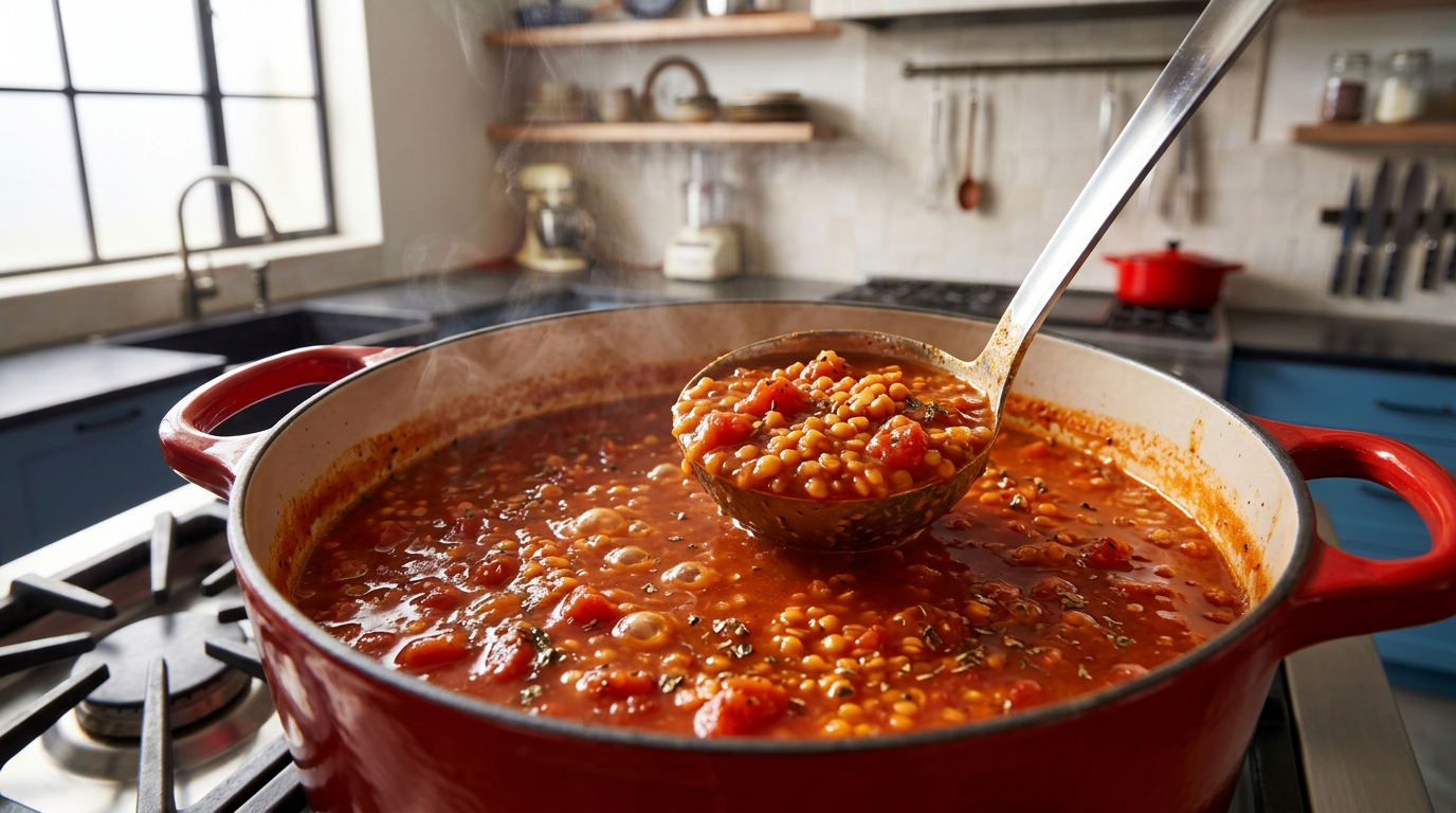 Recipe section image for Pasta met een verborgen rode linzensaus