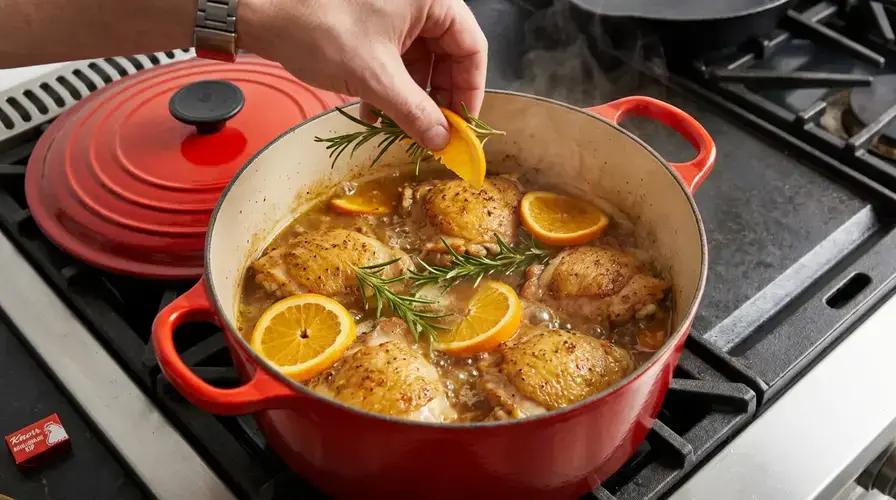Recipe section image for Kip uit de pan met sinaasappel en rozemarijn