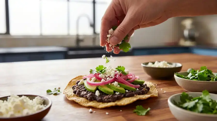 Recipe section image for Tostada met zwarte bonen en ingelegde rode ui