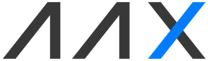 The word "AAX" in dark grey, with a crossbar on the X in blue