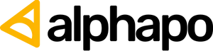 A yellow triangle, tilted to the right, with a curve resembling the crossbar of an A. Followed by "Alphapo" in black lowercase.