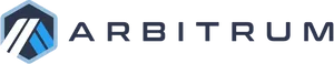 A navy blue hexagon with white and light blue diagonals forming an inverted V, followed by "Arbitrum" in navy capitals