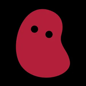 A red bean shape with eyes, on a black background