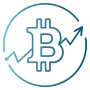 A blue outline of a Bitcoin symbol, with a jagged arrow through it pointing to the upper right, enclosed in a blue circle