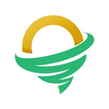 A yellow semicircle above a green brush stroke resembling a tornado