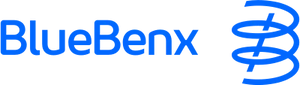 Text "BlueBenx" in bright blue, followed by a blue diagonal line with a blue line spiraling around it