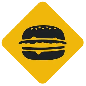 A black silhouette of a hamburger on a yellow diamond shaped background