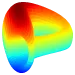 A rainbow-colored 3D rendering of a curved shape