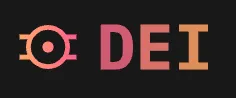 A circular symbol with a dot in the middle and two horizontal lines on each side, followed by the text "DEI", all in an orange and pink gradient.