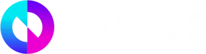 A circle made of blue-to-turquoise and pink-to-purple gradients, with two notches pointing toward the center, followed by "DFX" in white