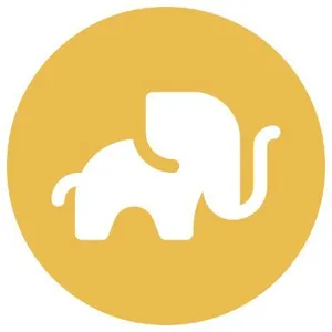 A yellow circle with a simple white illustration of an elephant