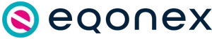 A turquoise circle with pink hemispheres within it to form an e out of the negative space, followed by the text "eqonex" in black