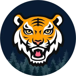 An illustration of a tiger face overlaid on a dark green circle with evergreens along the bottom