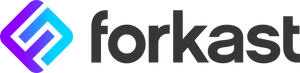 Two interlocking purple and blue shapes forming a diamond, resembling an F and a C, followed by "forkast" in dark grey