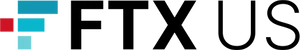Three horizontal blue bars in an lighter gradient and shorter length from top to bottom, forming an F. To the left of the middle bar is a red square. Following the shape is "FTX US" in black