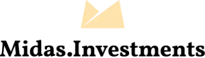 A light yellow shape of two overlapping triangles resembling an M, with "Midas.Investments" in black letters below
