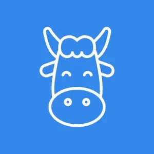 A white line-art illustration of a cow's head on a blue background
