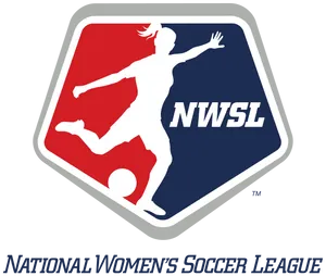 White outline of a person kicking a soccer ball, on a pentagon-shaped background that's half red and half navy