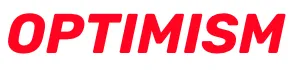 Red capital italic text reading "optimism"