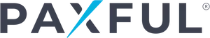 "Paxful" in grey capitals. The bottom-left to top-right crossbar of the X is a blue triangle shape.