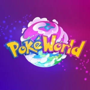 A pink, blue, and green planet surrounded by clouds, with the text "PokéWorld" in front of it in the yellow Pokémon logo font.