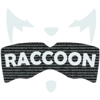 A simplified white shape resembling a raccoon, with a black eye mask shape that says "Raccoon" in white capitals