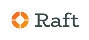 An orange circle in four segments, with "Raft" after in grey serif font