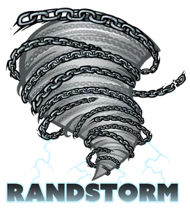 An illustration of a tornado with chains swirling in it, with lightning bolts leading down to the text "Randstorm" in black capitals outlined in light blue