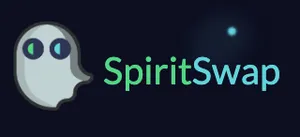 A ghost with green and blue eyes, and the text "SpiritSwap" in green and blue