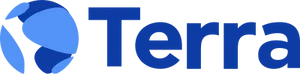 A logo resembling a transparent globe with blue landmasses, with the word "Terra" beside it in navy blue