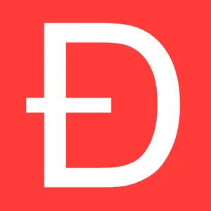 A white D on a red background, with a horizontal line through the vertical part of the D