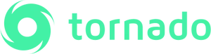 A turquoise tornado shape, followed by the text "tornado" in lowercase