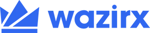 A blue crown illustration followed by the text "wazirx", all in bright blue