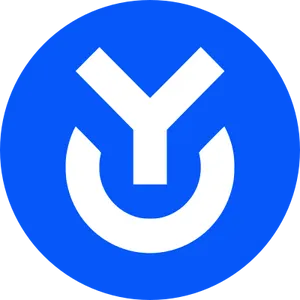 A blue circle with a white symbol of a Y with a U-shaped semicircle below it