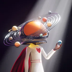 A 3D rendering of a person with an astronaut helmet that has planets orbiting it, wearing a white suit with a heart on the front and a red cape, holding up a small globe in their hand