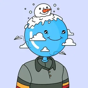 A blue balloon with a snowman on its head, wearing a grey polo shirt with striped sleeves
