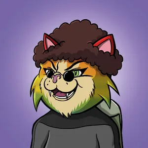An illustration of a rainbow-colored cat with a brown afro and small glasses