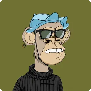 An illustration of an ape wearing a blue bonnet, sunglasses, and black turtleneck, biting its lower lip