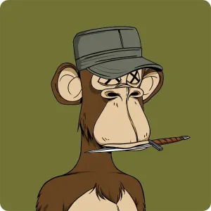 An illustrated ape with brown fur wearing a grey cap, with Xs for eyes, with a dagger in its mouth.