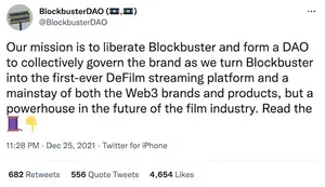 Tweet from BlockbusterDAO (@BlockbusterDAO): "Our mission is to liberate Blockbuster and form a DAO to collectively govern the brand as we turn Blockbuster into the first-ever DeFilm streaming platform and a mainstay of both the Web3 brands and products, but a powerhouse in the future of the film industry. Read the 🧵👇"