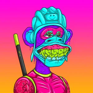 A purple dripping ape with a turquoise helmet and green dripping teeth, wearing a pink shirt on a pink and orange background