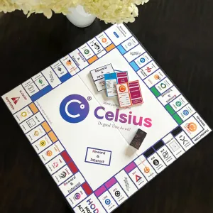 A Monopoly game themed after the company Celsius, with a large Celsius logo in the middle