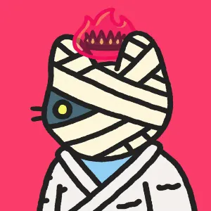 An illustration of a mummified grey cat wearing a fluffy white bathrobe and a crown encased in flames
