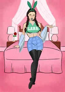 An illustrated pin-up style woman wearing green bunny ears, a cropped shirt saying "Lana", fringed gloves, a mini skirt, and thigh highs stands in front of a bed.