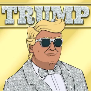 An illustration of Donald Trump wearing rhinestone sunglasses and a rhinestoned tuxedo and bow tie, in front of rhinestoned text reading "TRUMP"