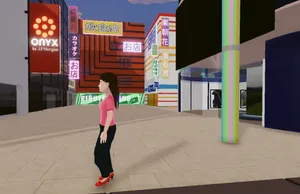 A 3D virtual world with various logos on buildings. An avatar of a woman stands alone in the foreground