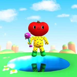 A 3D figure with a red heart-shaped head with a propeller hat, with a yellow body with black lines on it, holding a pink spiked mace, wearing green shoes, floating in the air in a sunny background